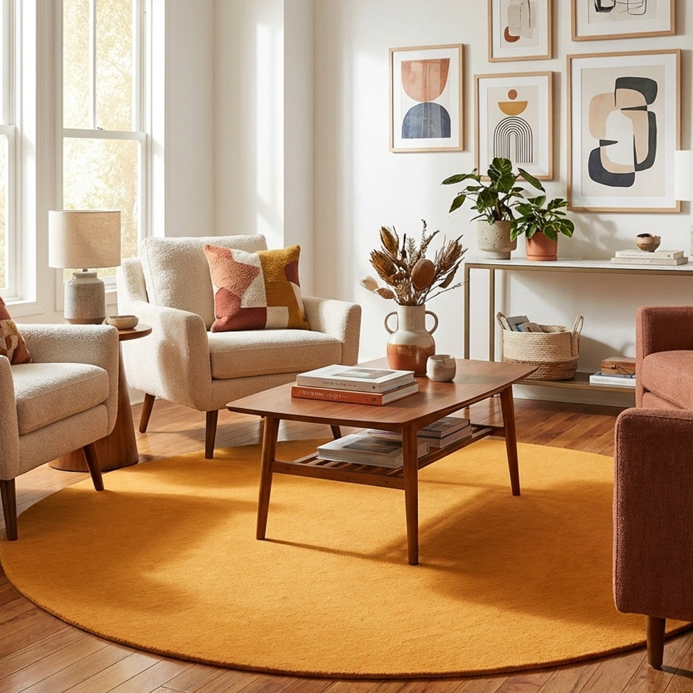 orange round wool rug in living room