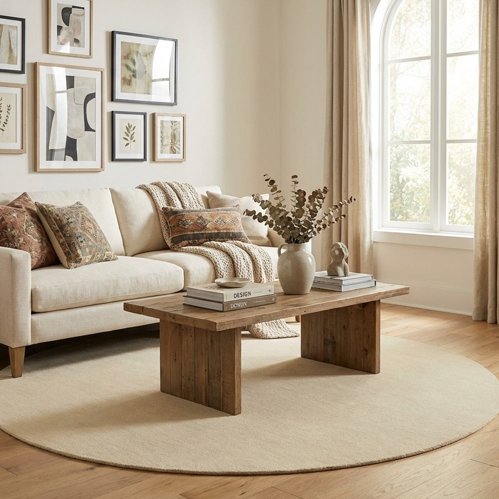 Hand tufted pastel cream round wool rug in modern style living room