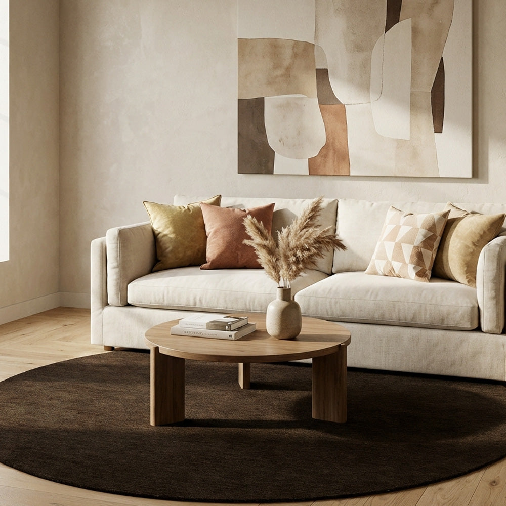 Dark brown round wool rug in living room