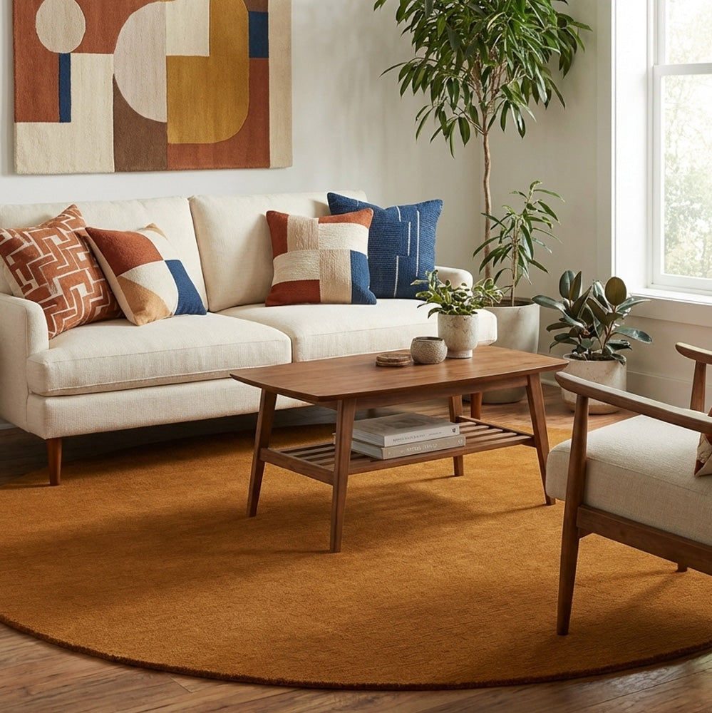 Orangish brown round wool rug in living room