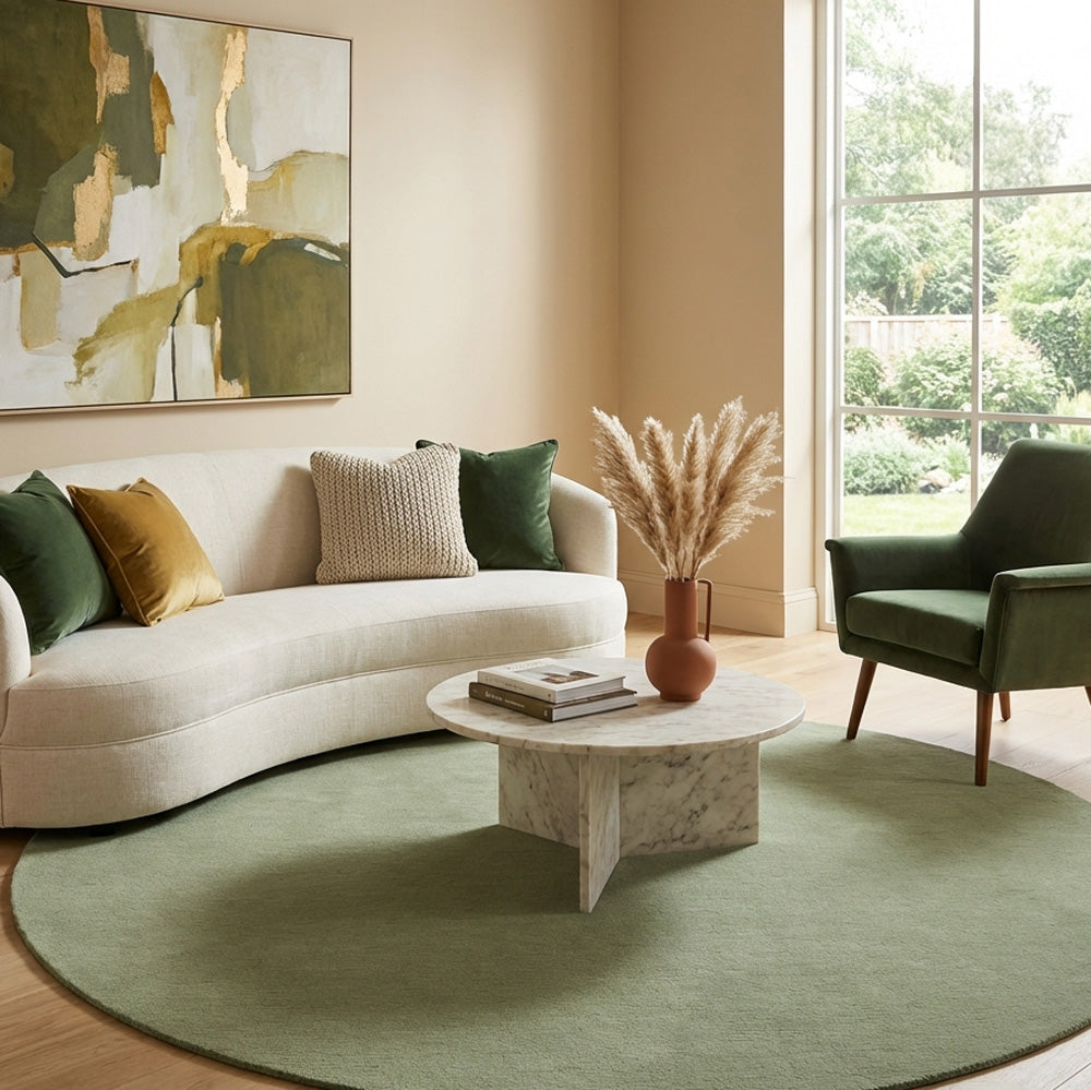 Green round wool rug in living room