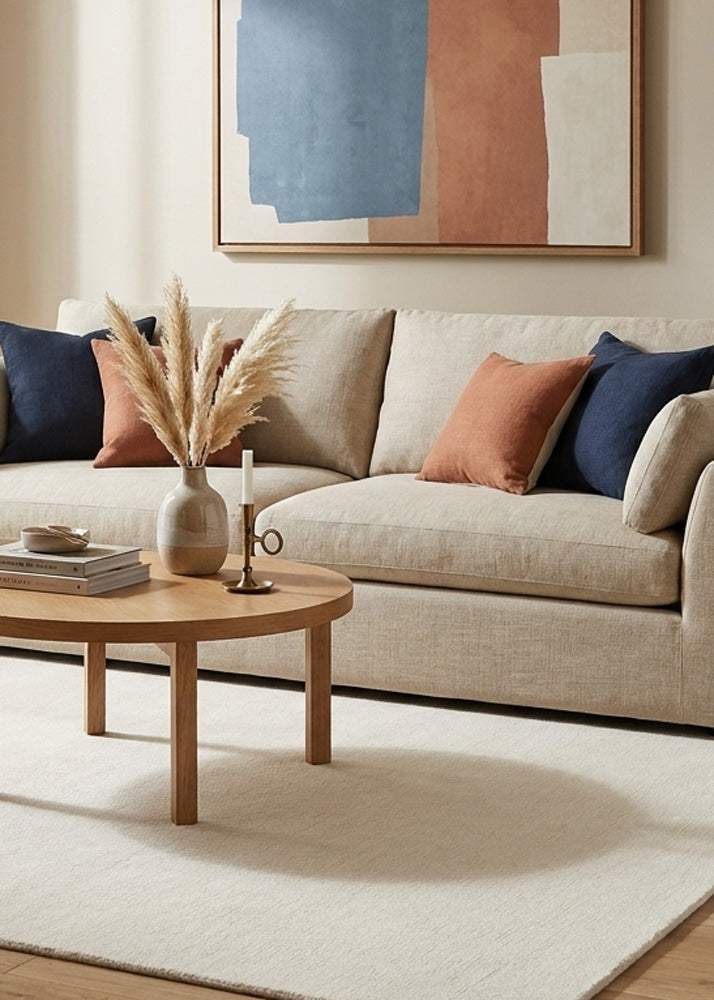 Hand tufted white wool rug in living room