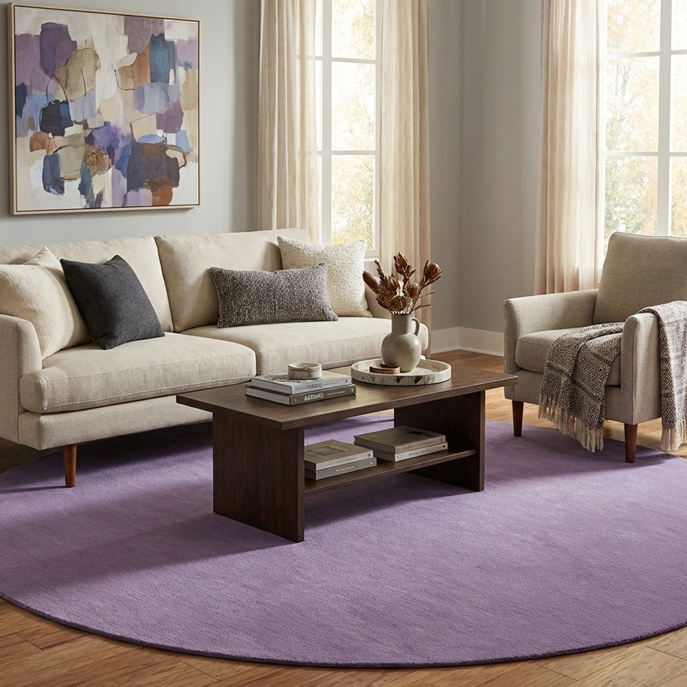 Purple round wool rug in modern living room