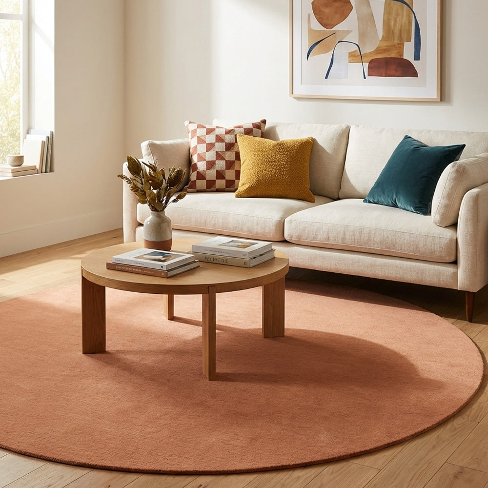 Light brown round wool rug in living room