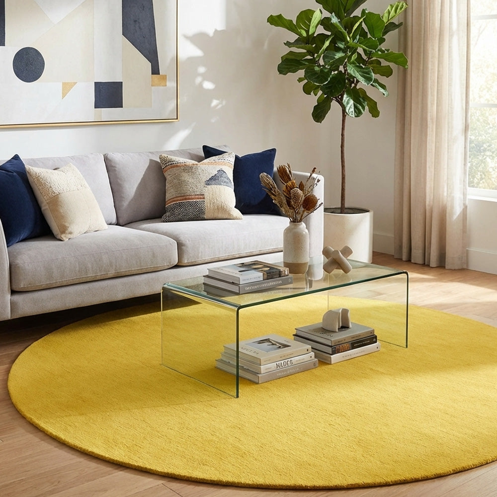 yellow round wool rug in living room