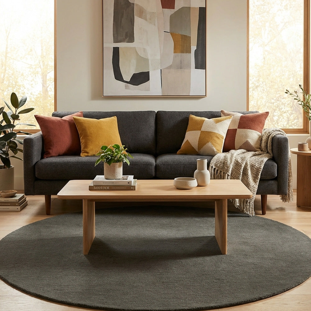 Grey round wool rug in modern in living room