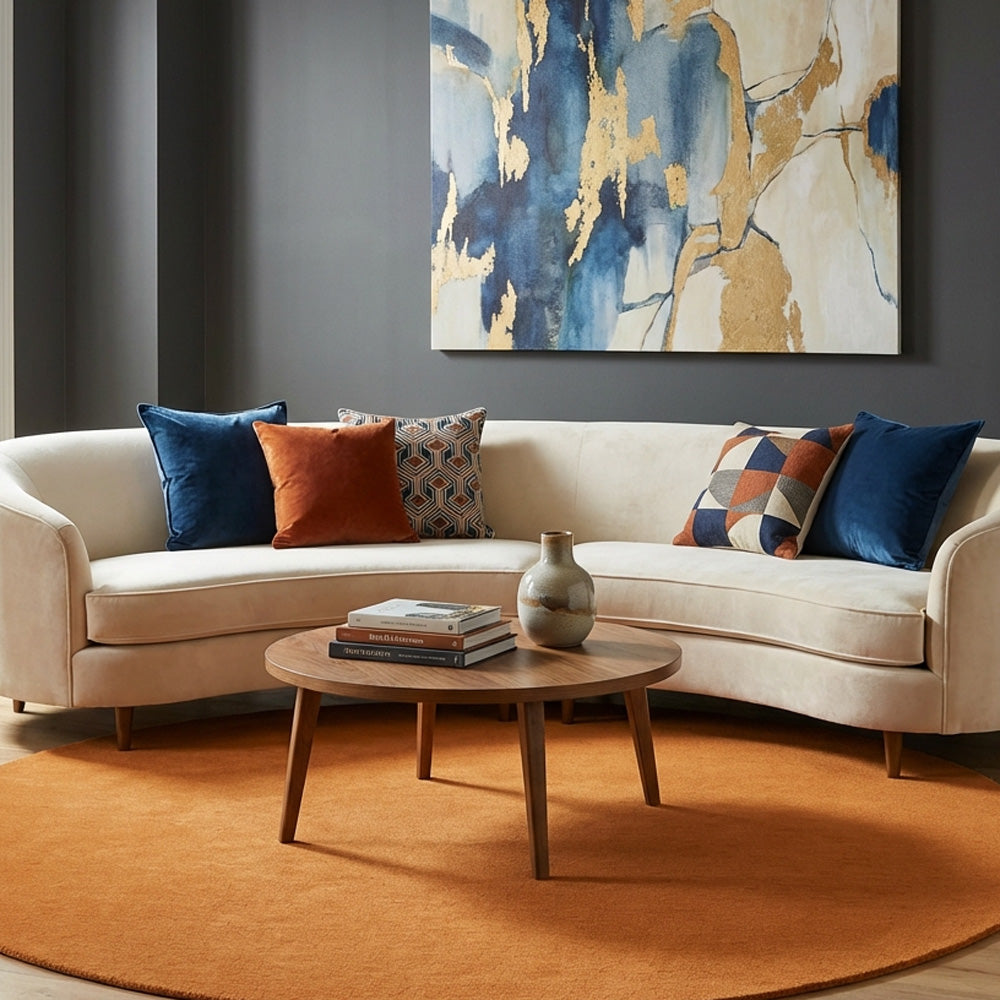 Burnt orange round wool rug in modern living room