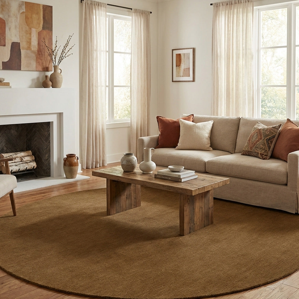 Brown round wool rug in modern living room