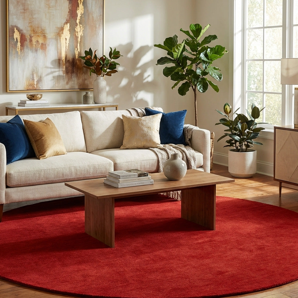 Red round wool rug in modern living room