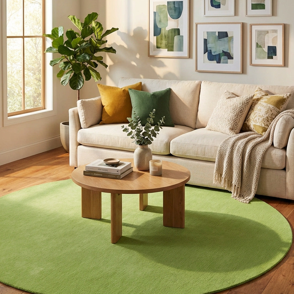 Green round wool rug in modern living room