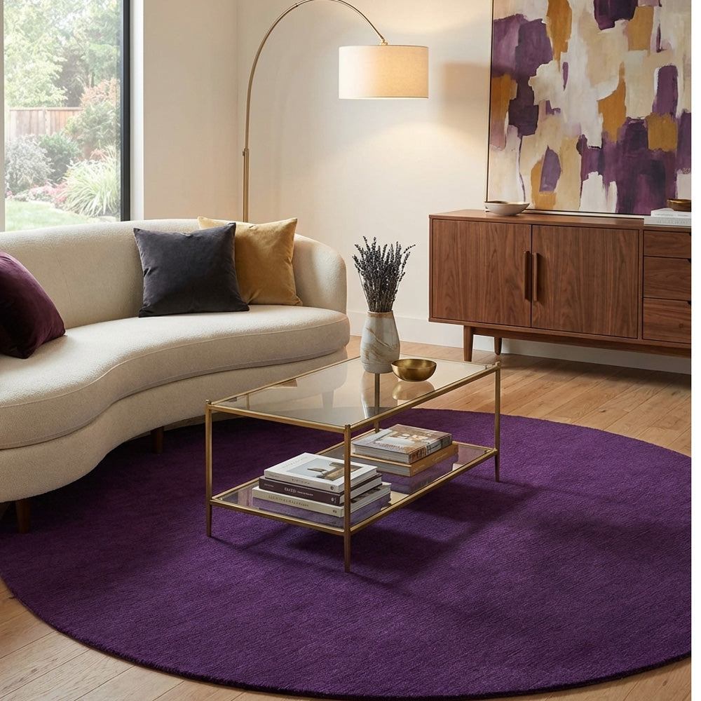 Purple round wool rug in modern living room