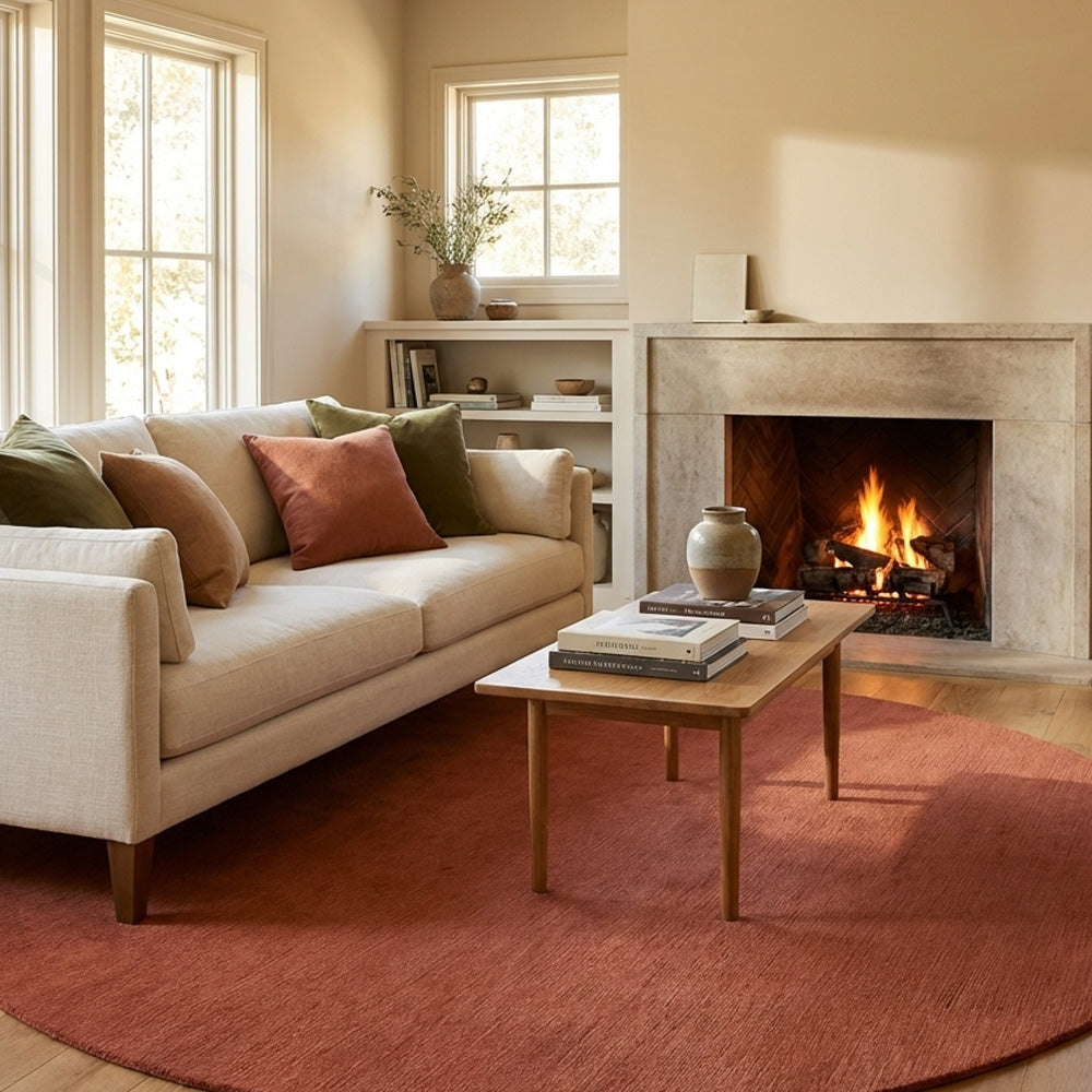 Orange round wool rug in living room