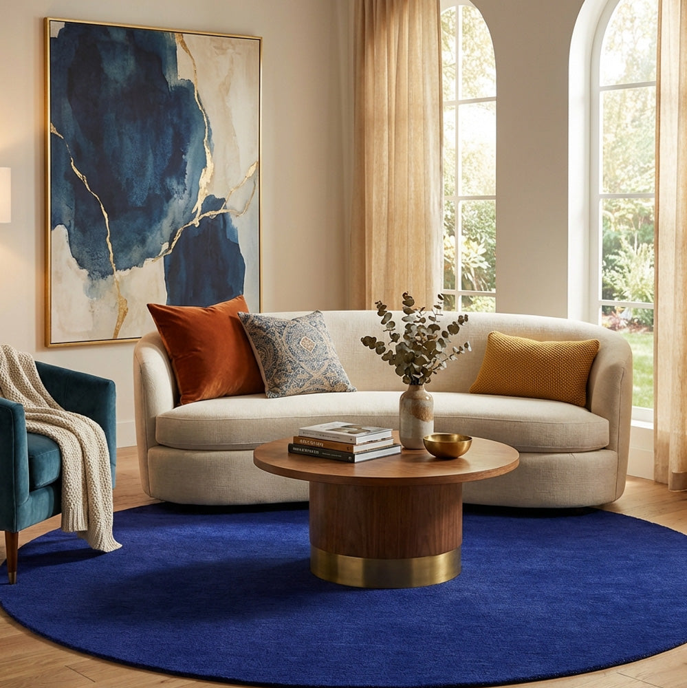 Blue round wool rug in living room