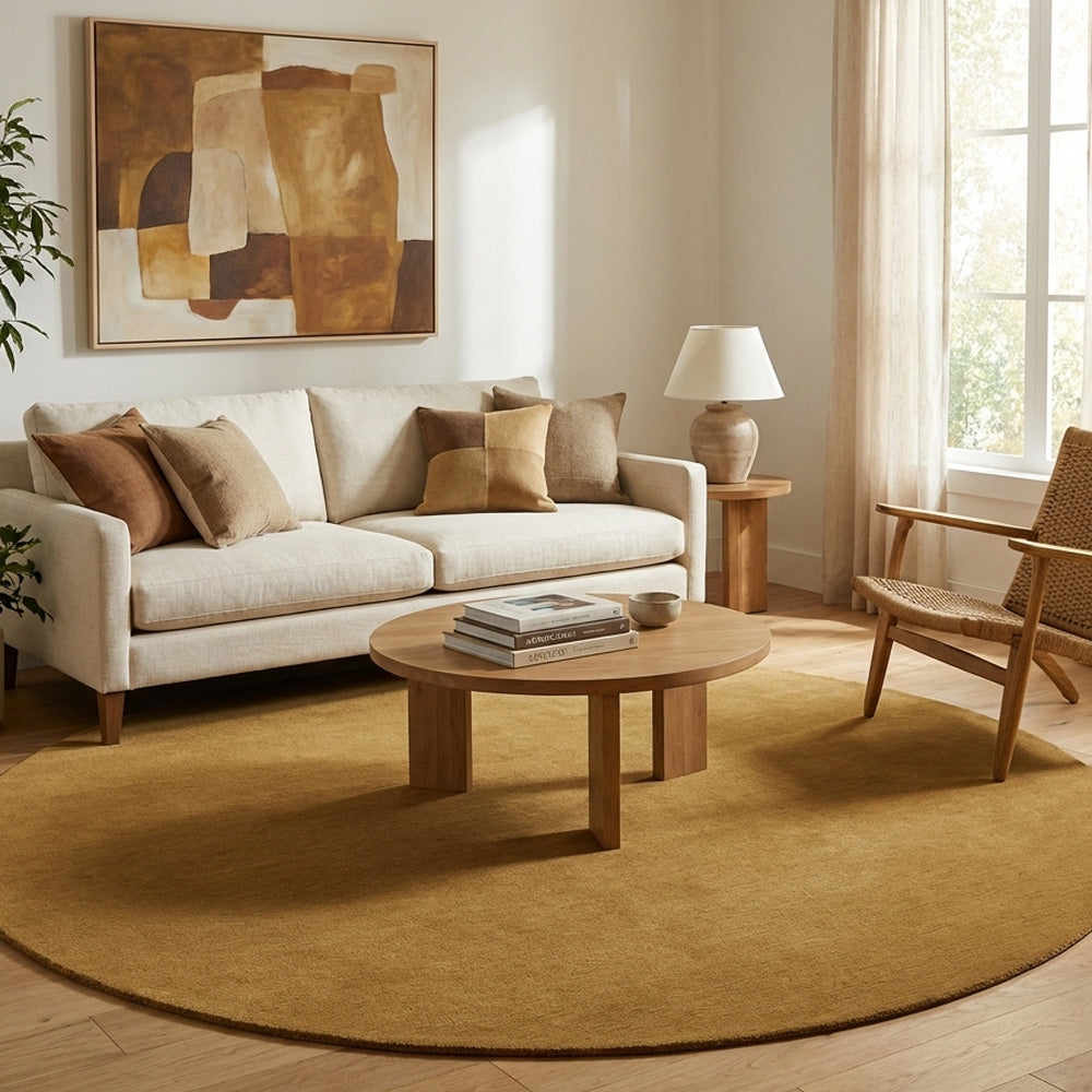 beige round wool rug in modern living room