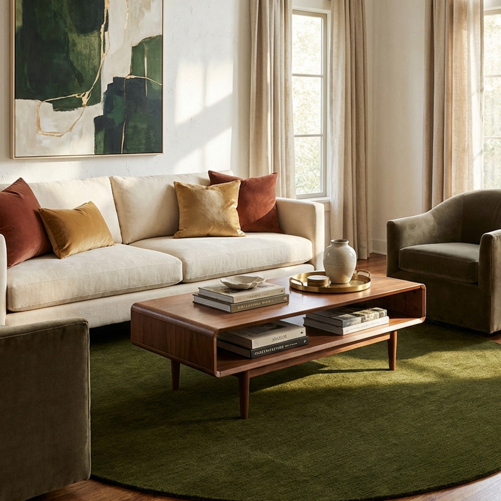 Dark olive green round wool rug in living room