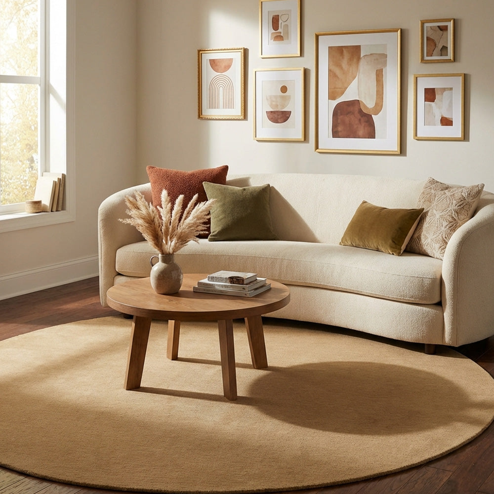 Beige round wool rug in modern living room