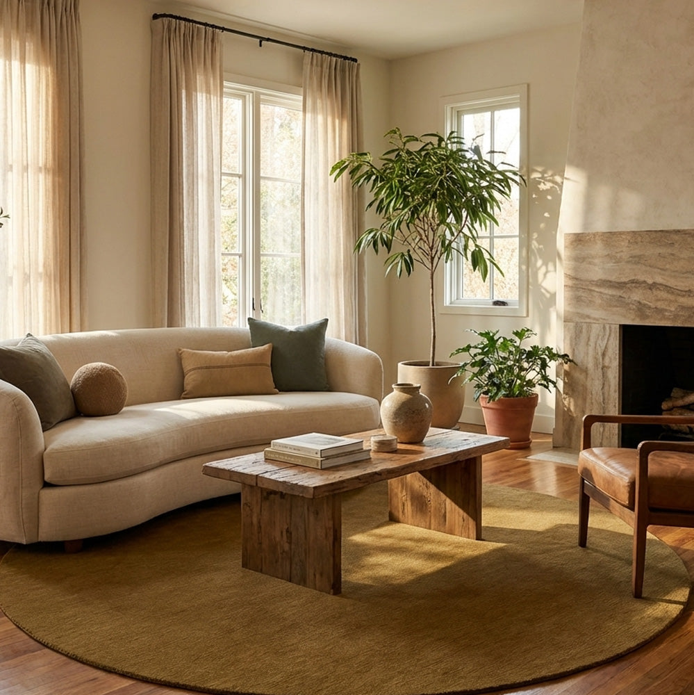 Earthy natural round wool rug in classic living room