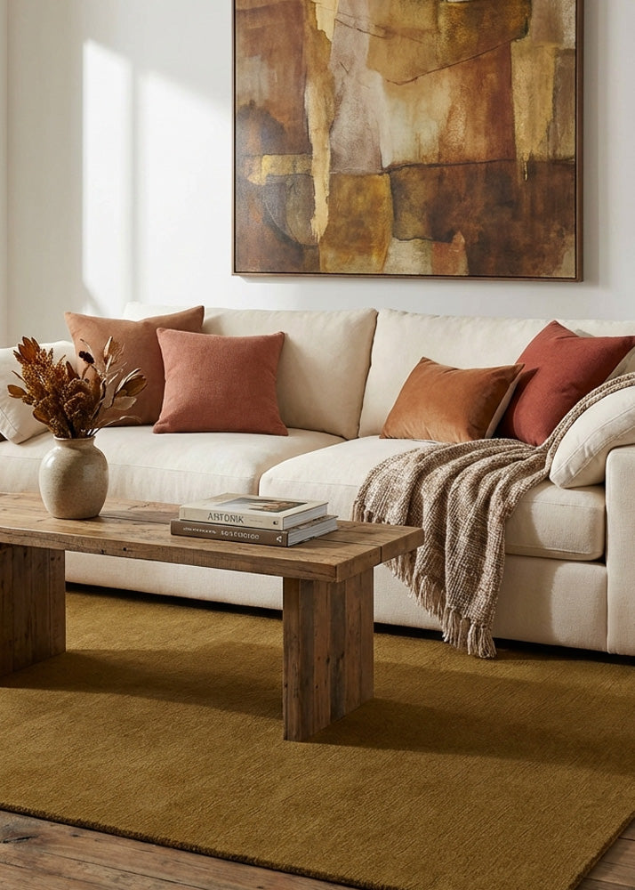 Earthy natural wool rug in modern living room