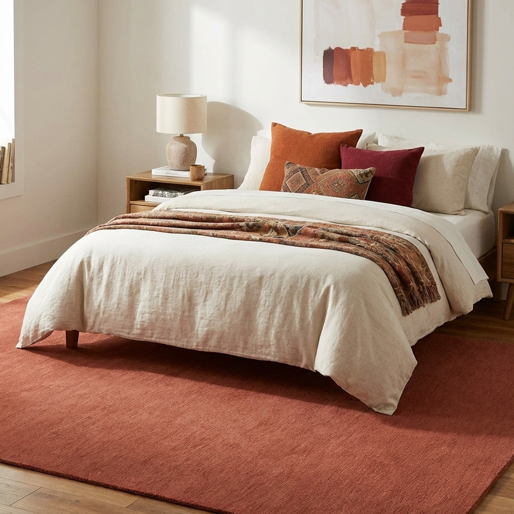 orange wool rug in modern bedroom