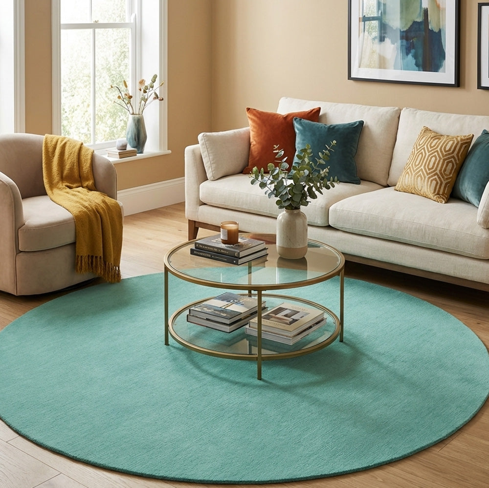 turquoise round wool rug in modern living room