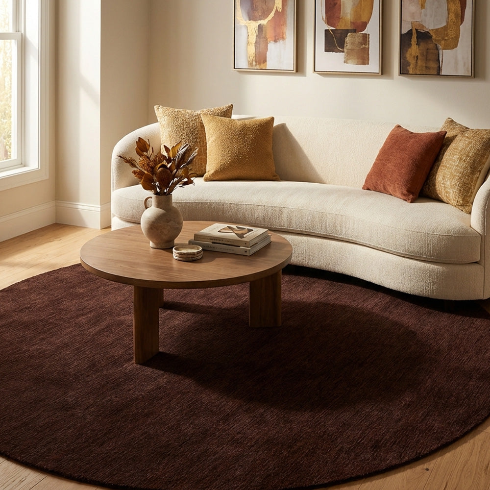 Reddish round wool rug in living room