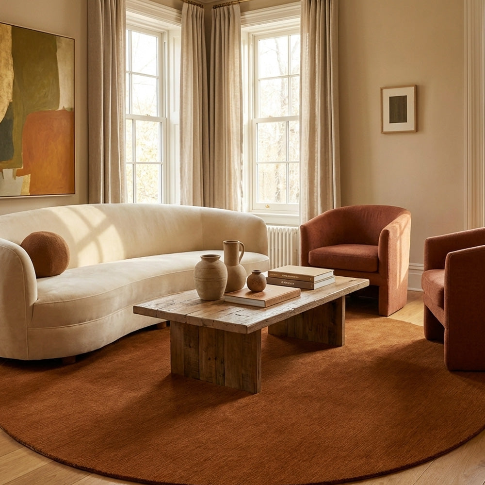 Brown round wool rug in modern living room