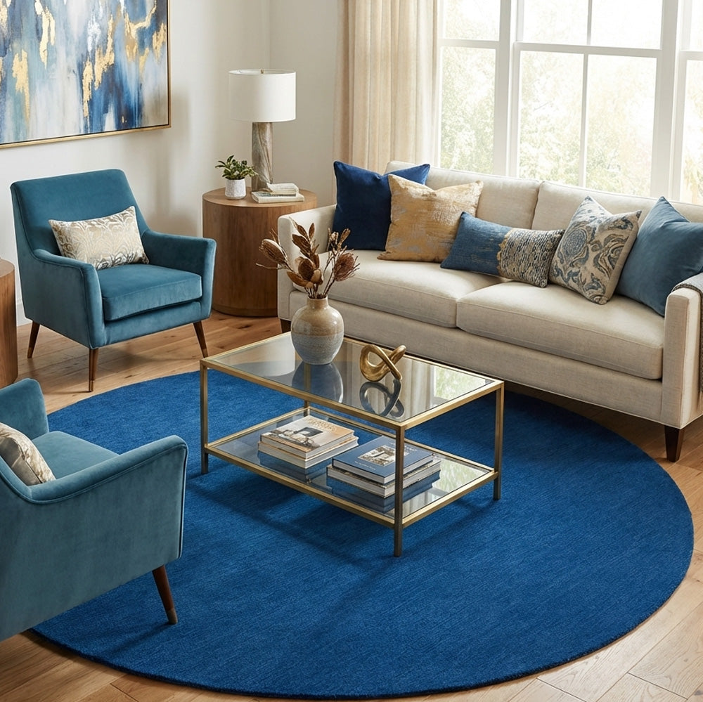 blue round wool rug in modern living room