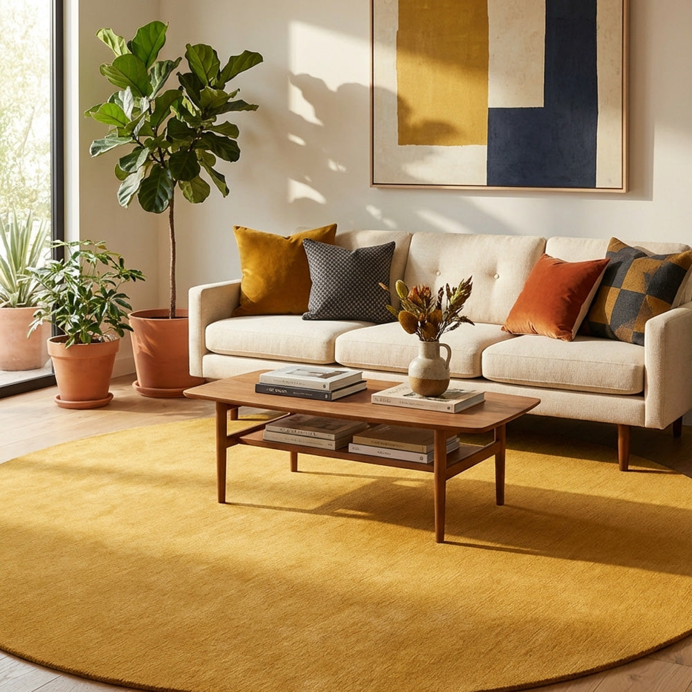 Marigold yellow round wool rug in modern living room