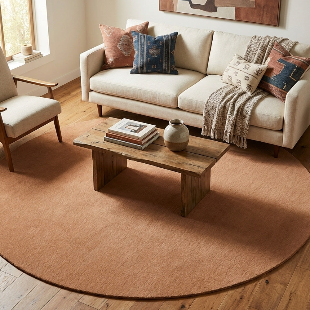 Light brown round wool rug in classic living room