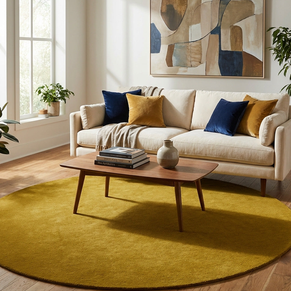 Yellow round wool rug in modern living room