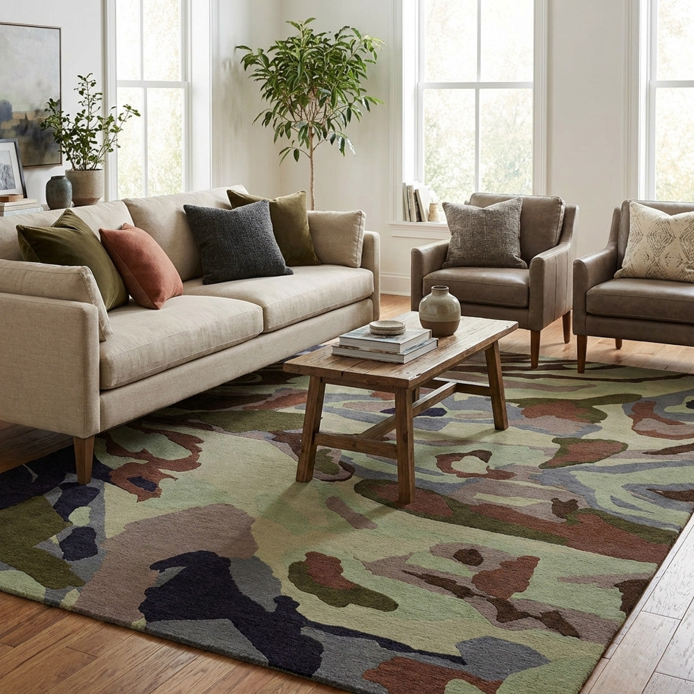 Earthscape Abstract Wool Rug hand-tufted in New Zealand wool with sage green, olive, rust, taupe, grey, brown, ivory and navy organic pattern.