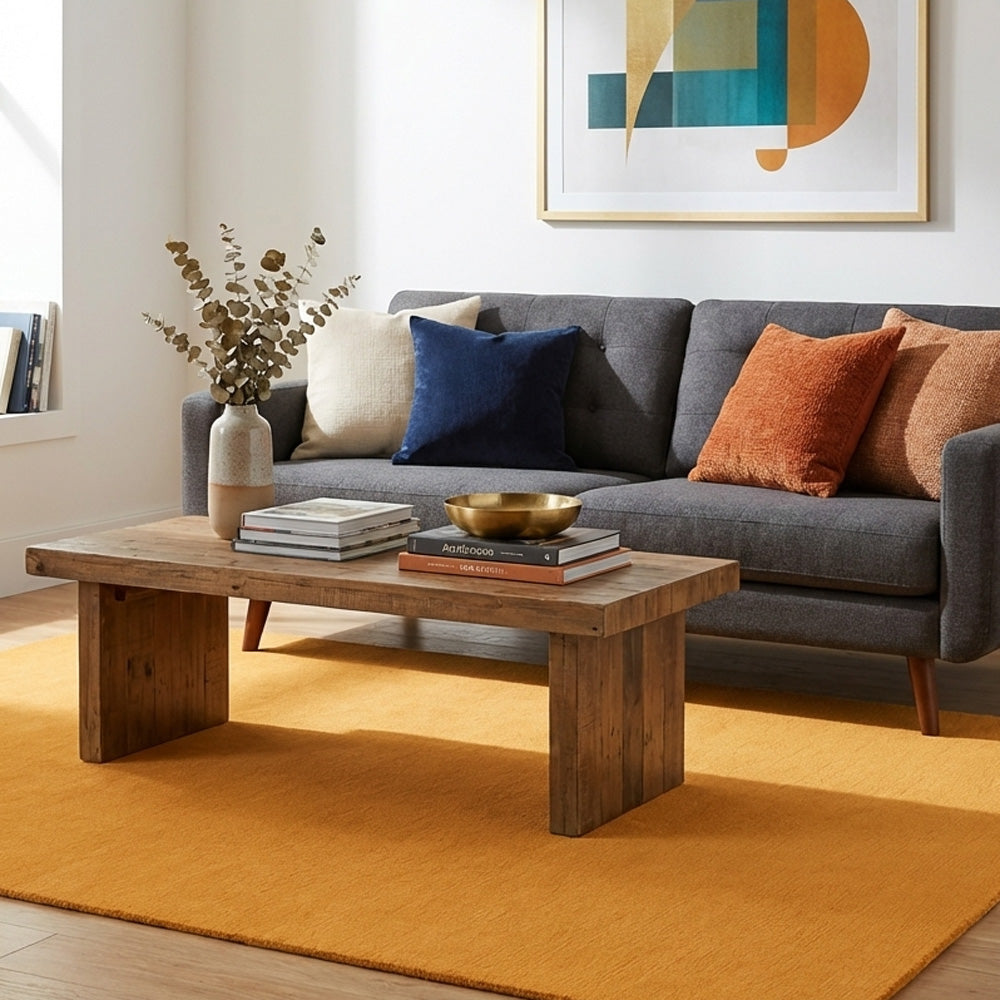 orange wool rug in living room