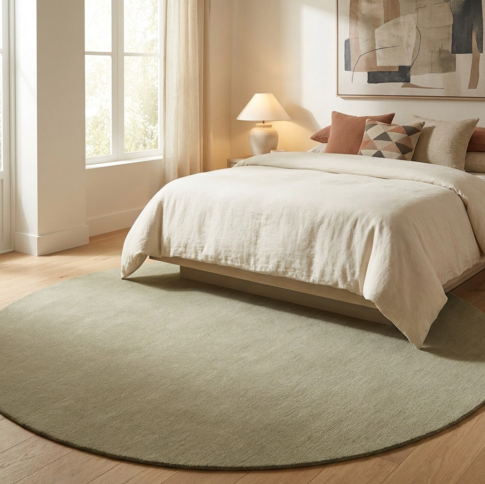 Hand tufted light green round wool rug in modern bedroom