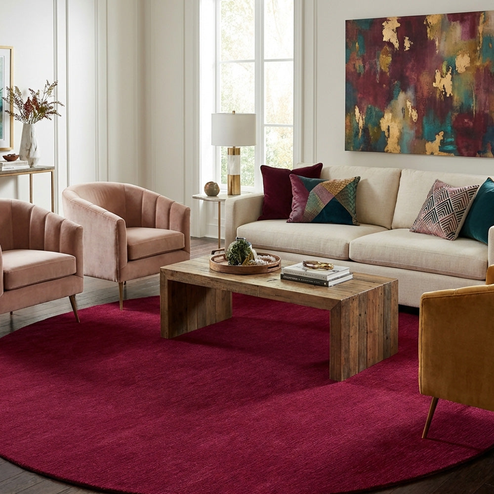 Maroon round wool rug in modern living room