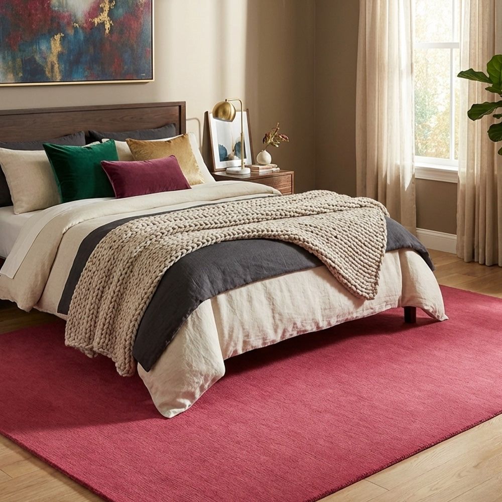 pink wool rug in modern bedroom
