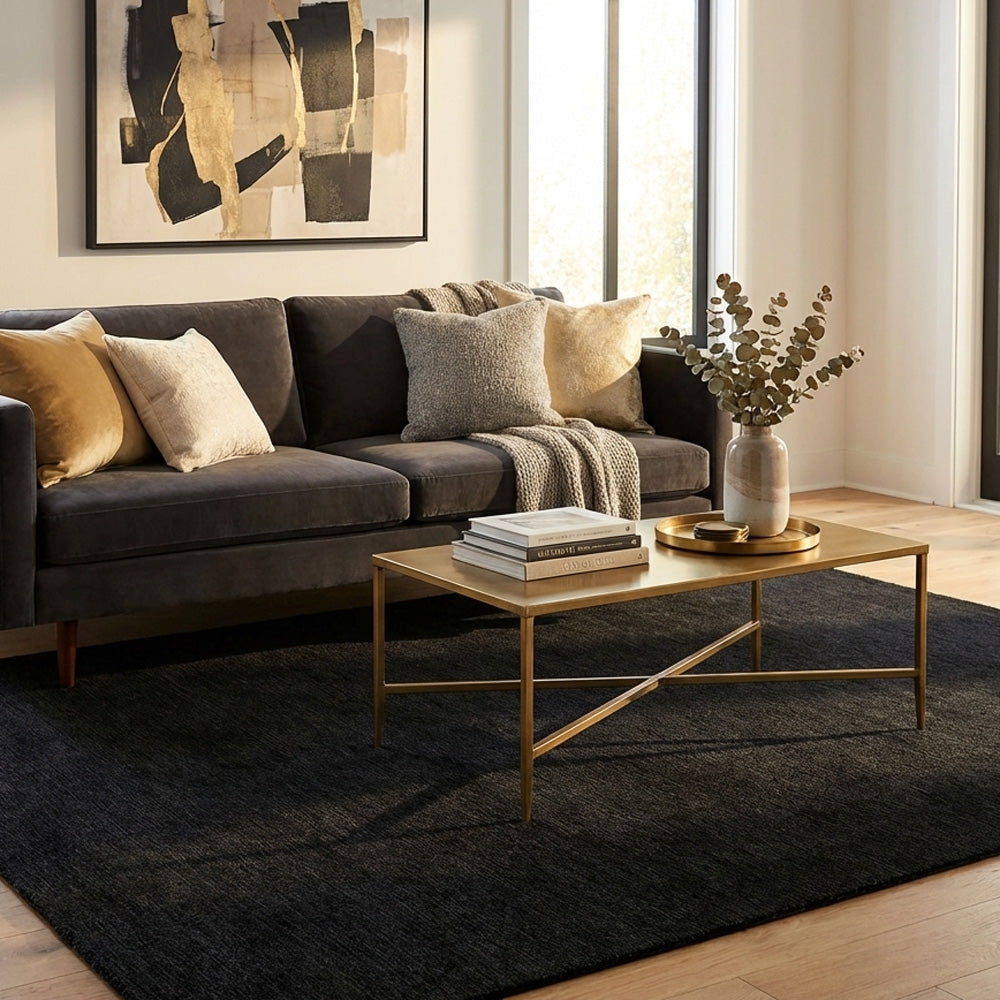 black wool rug in modern living room