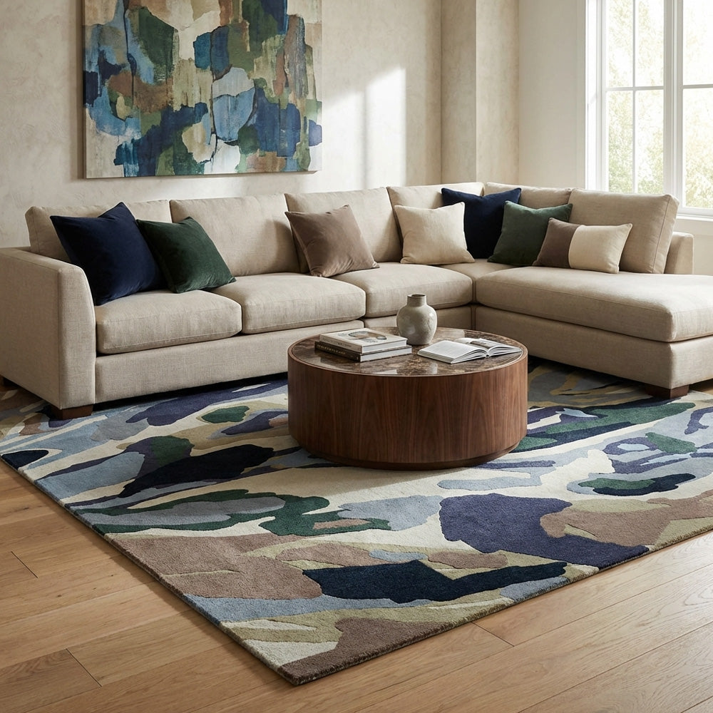 Earthscape Abstract Wool Rug hand-tufted in New Zealand wool with blue, navy, deep green, taupe, sage and ivory organic pattern.