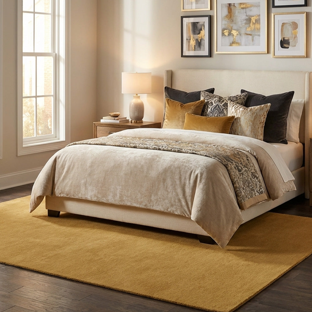 beige erthy wool rug in bedroom interior