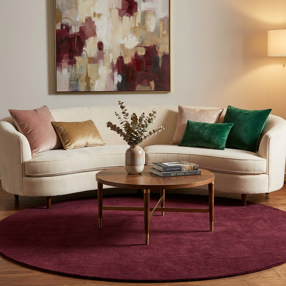 Purple round wool rug in modern living room