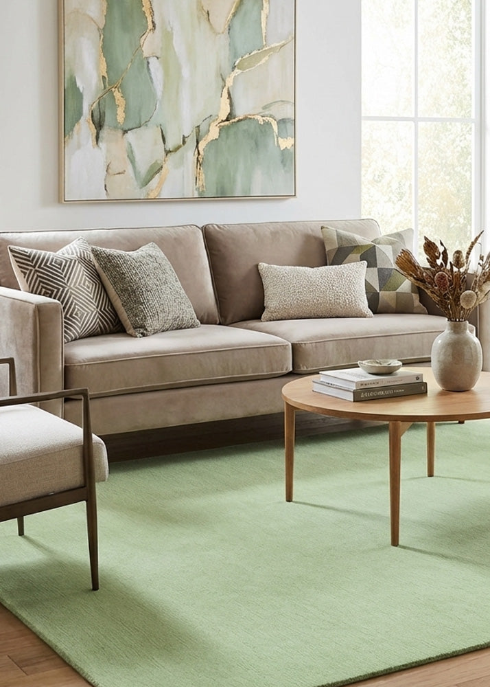 light aqua green wool rug in living room
