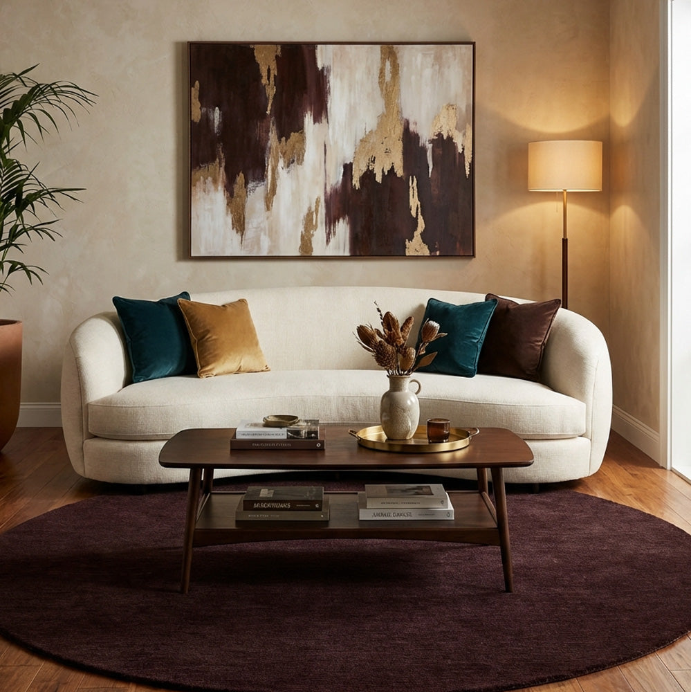 Deep maroon round wool rug in modern living room
