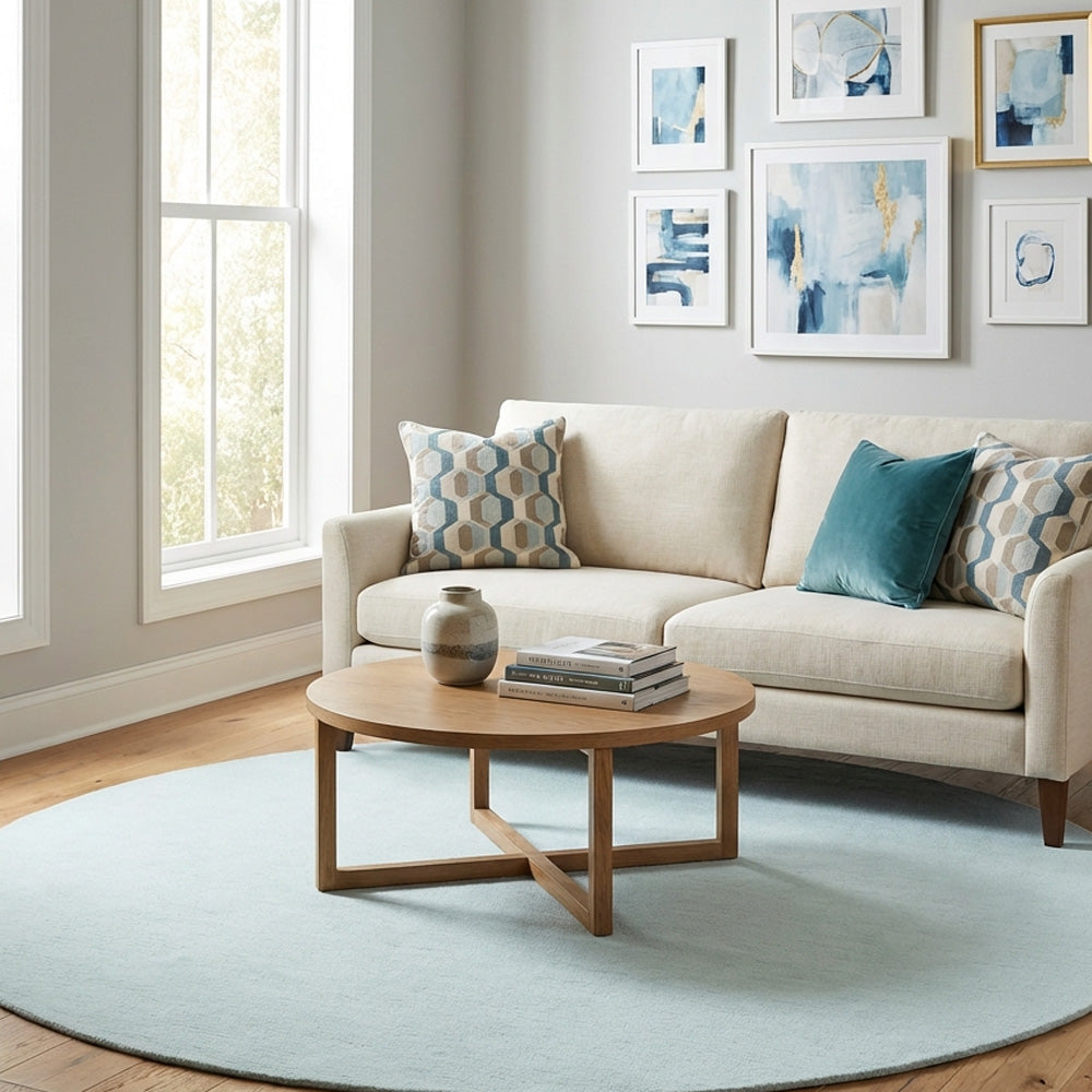 Pastel light blue wool rug in modern living room