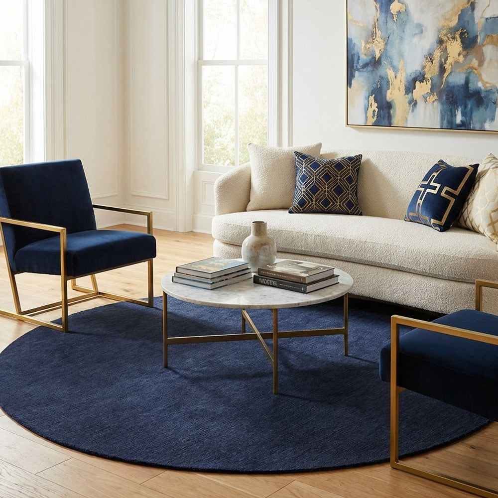 navy blue round wool rug in classic living room