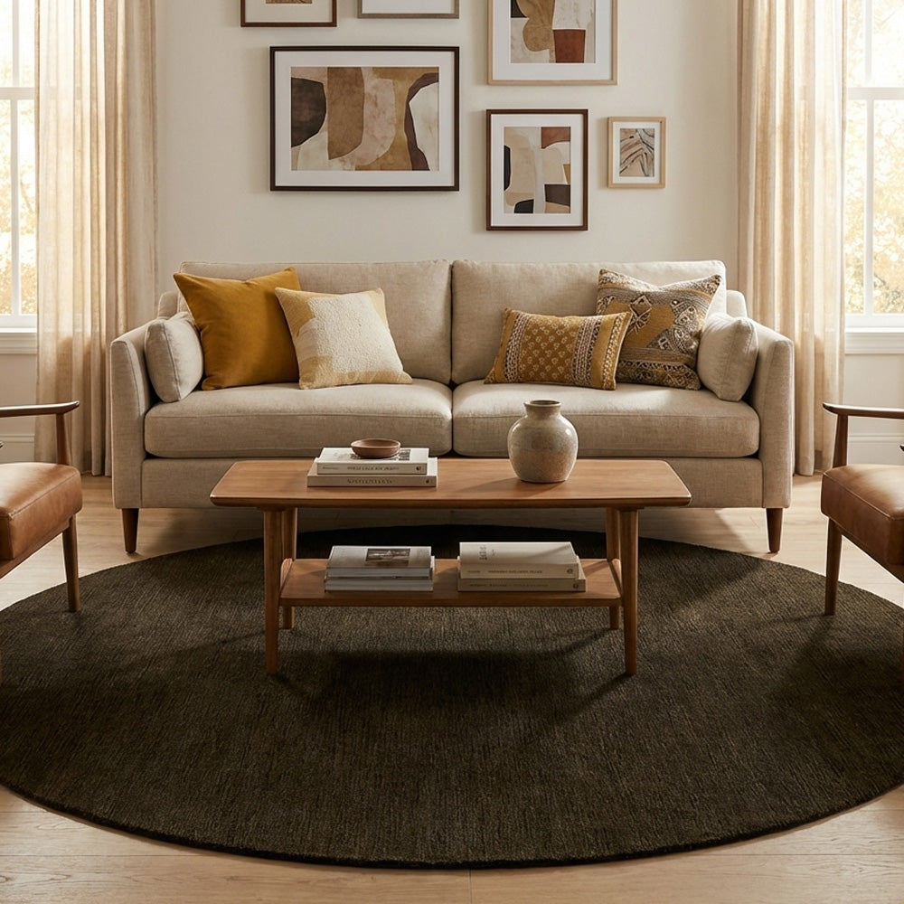Hand tufted army green round wool rug in living room