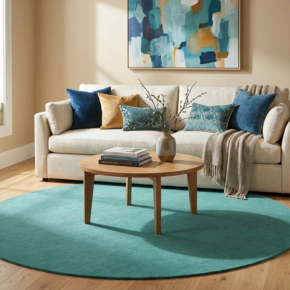 Aqua blue round wool rug in modern living room