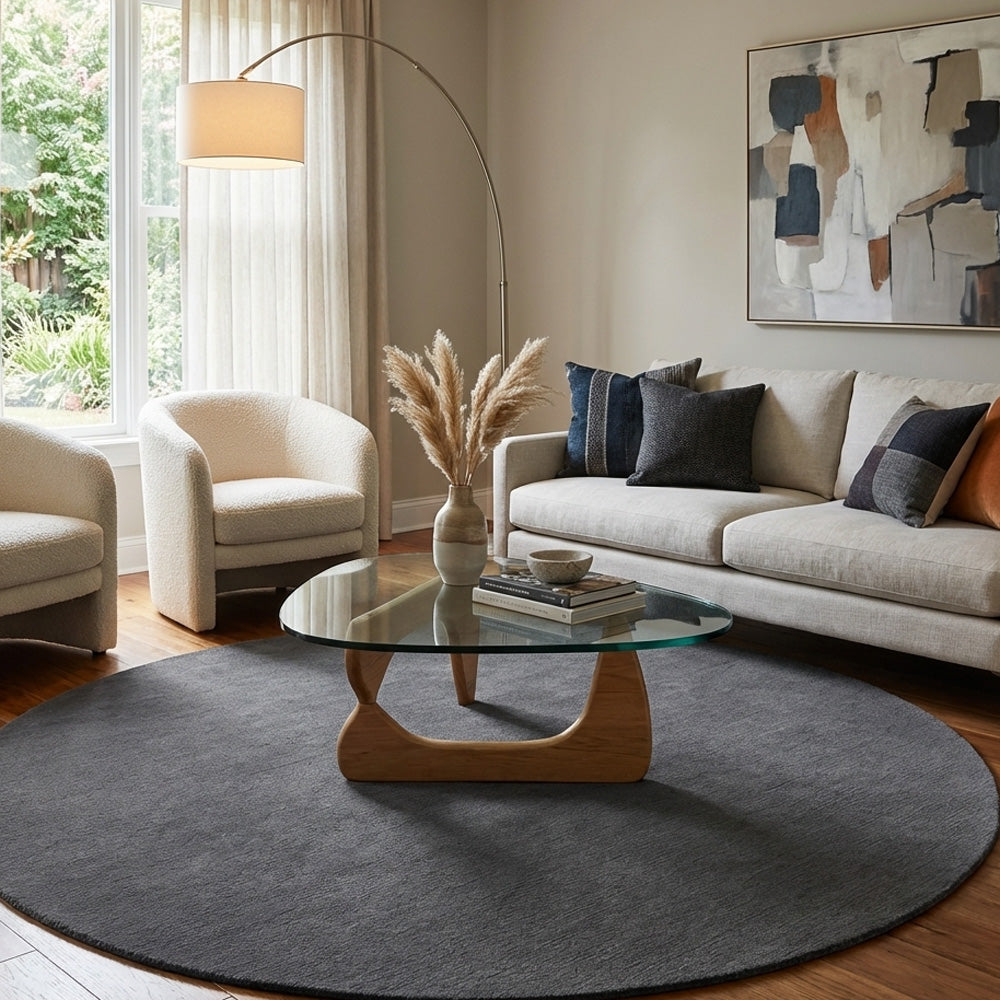 Grey round wool rug in modern living room