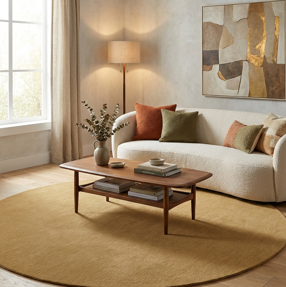 Camel beige round wool rug in living room