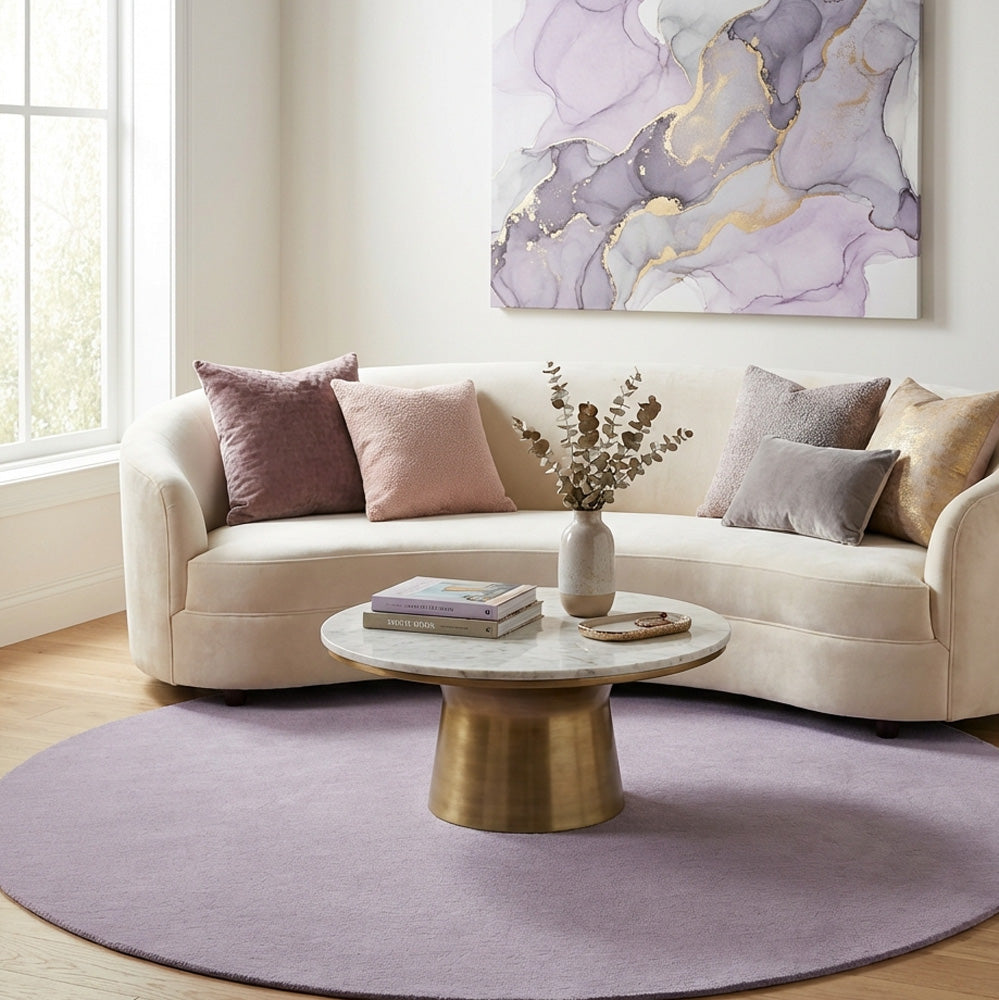 Purple round wool rug in living room