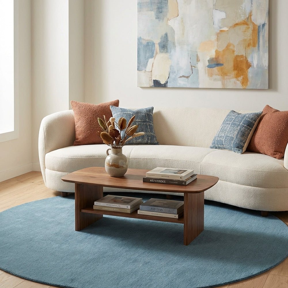 Velvet blue round wool rug in living room
