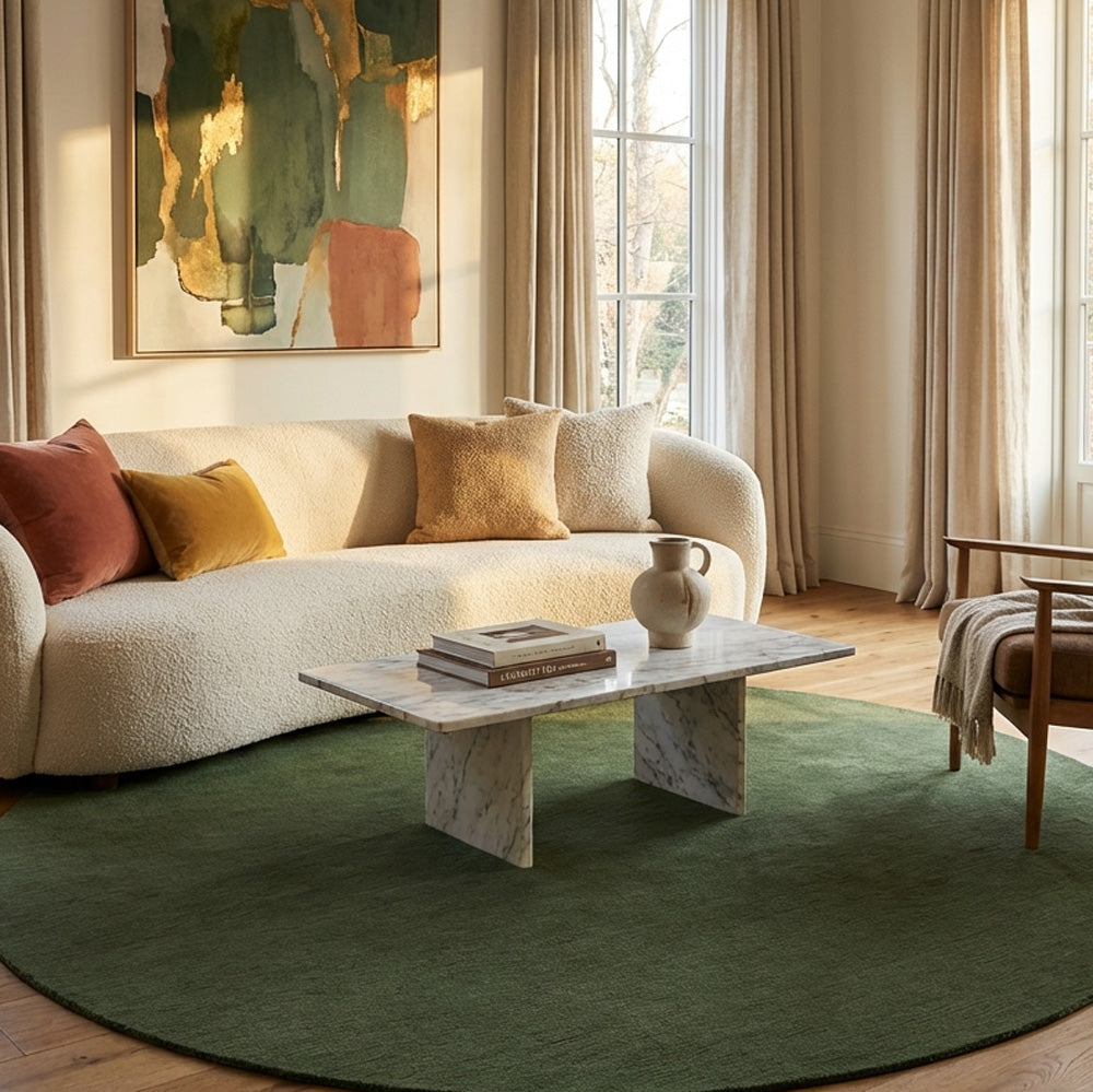 Green round wool rug in living room